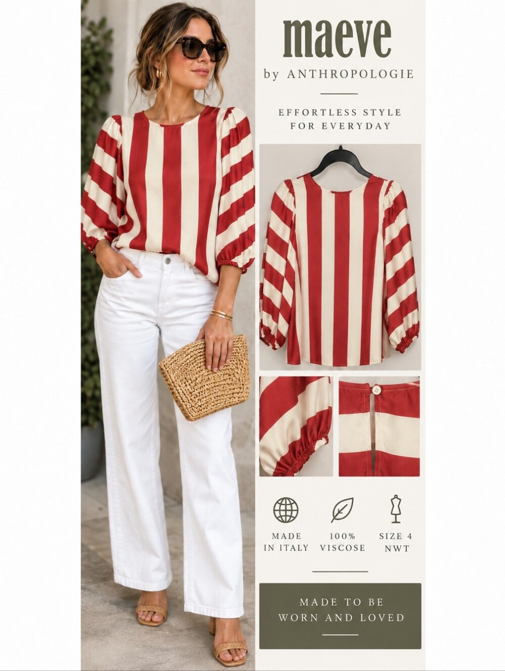 Maeve by Anthropologie Striped Puff Sleeve Blouse Size 4 NWT